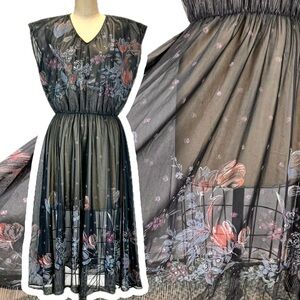VINTAGE 70s sheer moody black floral dress fit‎ flare sleeveless elastic waist